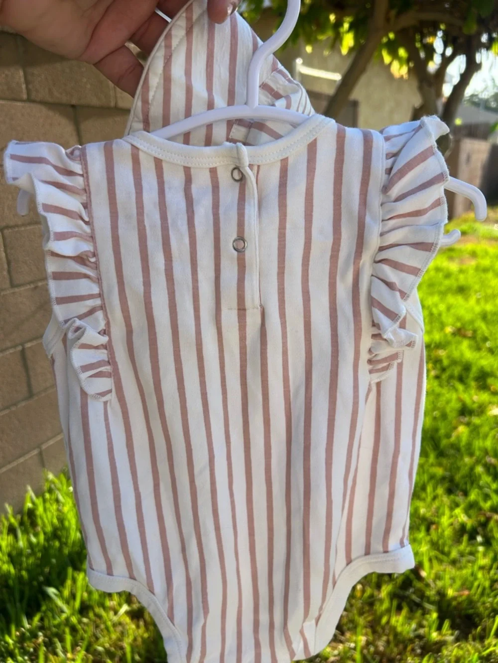 Striped Ruffle Baby Bodysuit - White & Dusty Pink
